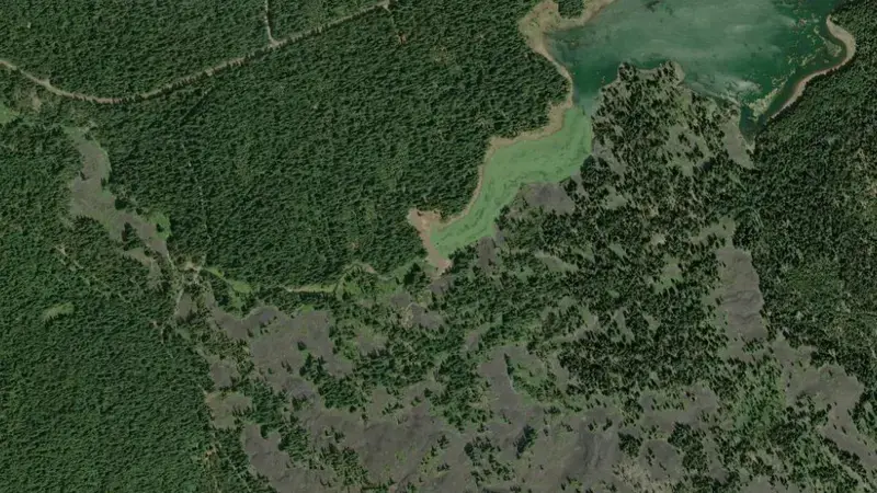Satellite view of Fish Lake and Fish Lake Dam reservoir, Oregon, United States