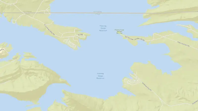 Road map of Flaming Gorge Reservoir Dam and Powerplant reservoir, Utah, United States