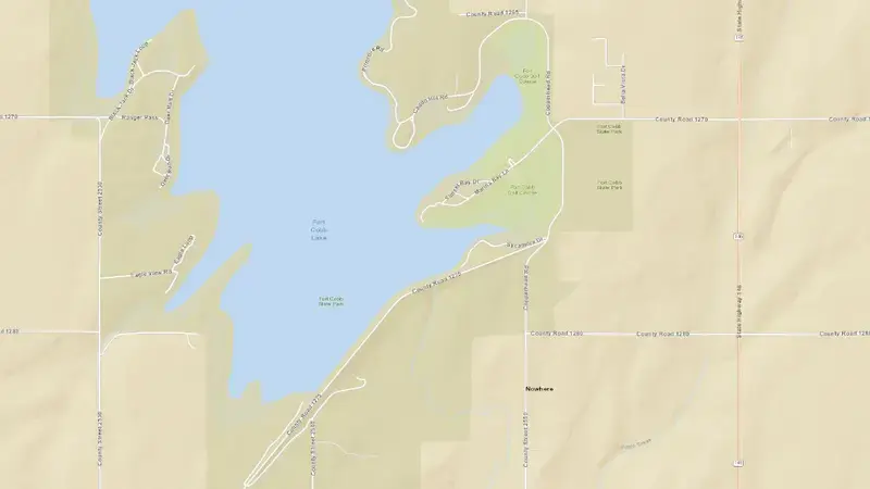 Road map of Fort Cobb Reservoir and Dam reservoir, Oklahoma, United States