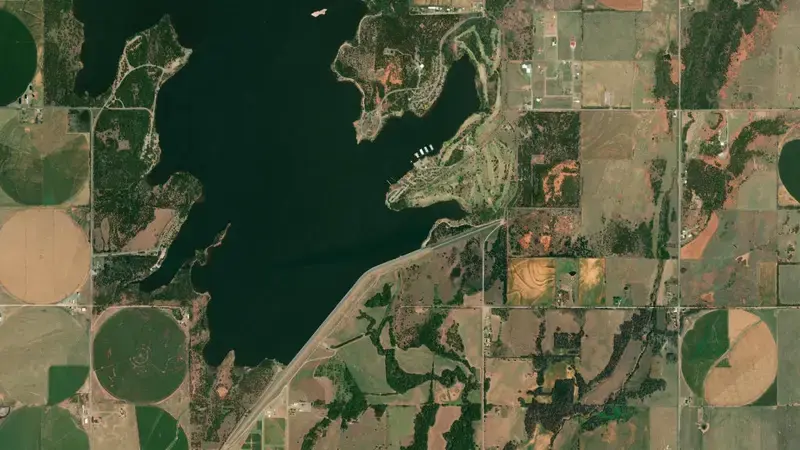 Satellite view of Fort Cobb Reservoir and Dam reservoir, Oklahoma, United States