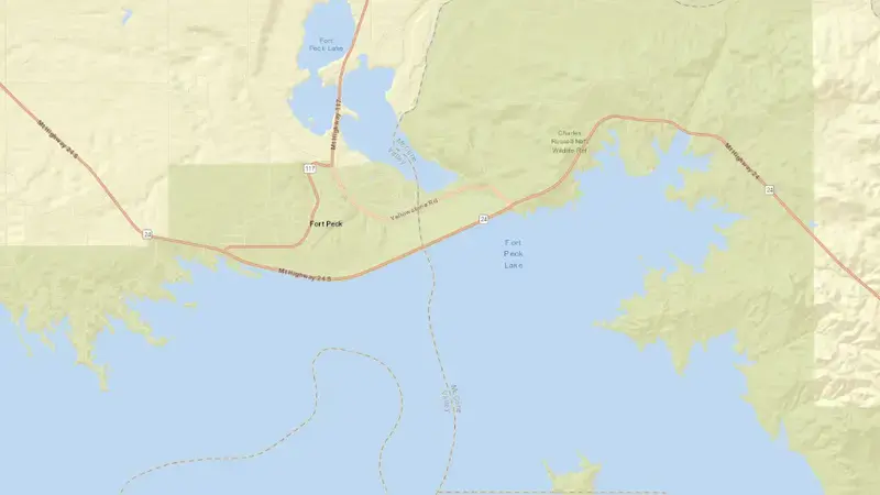 Road map of Fort Peck Dam & Reservoir reservoir, Montana, United States