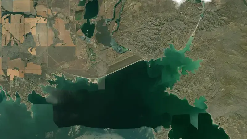 Satellite view of Fort Peck Dam & Reservoir reservoir, Montana, United States