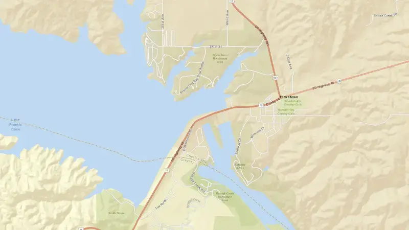 Road map of Fort Randall Dam & Reservoir reservoir, South Dakota, United States