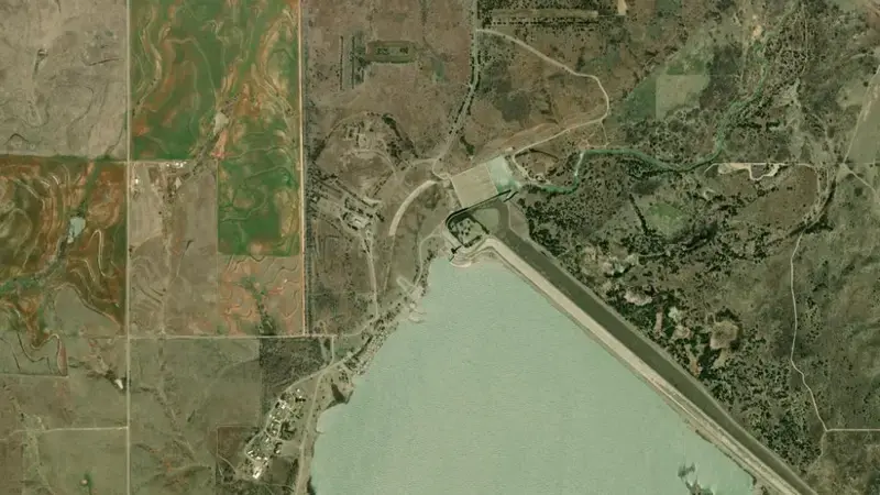 Satellite view of Fort Supply Lake reservoir, Oklahoma, United States