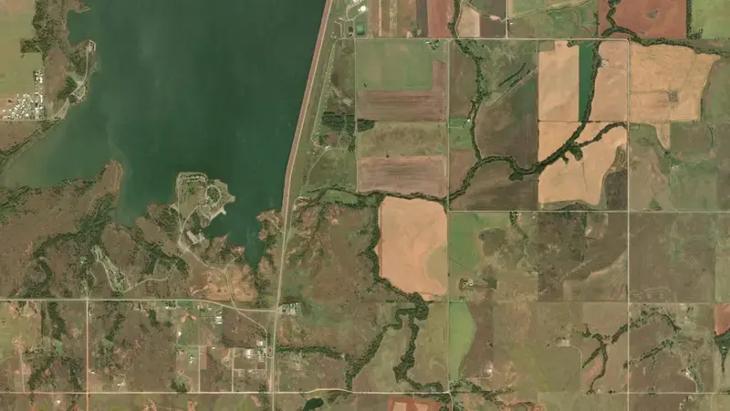 Satellite view of Foss Lake reservoir, Oklahoma, United States