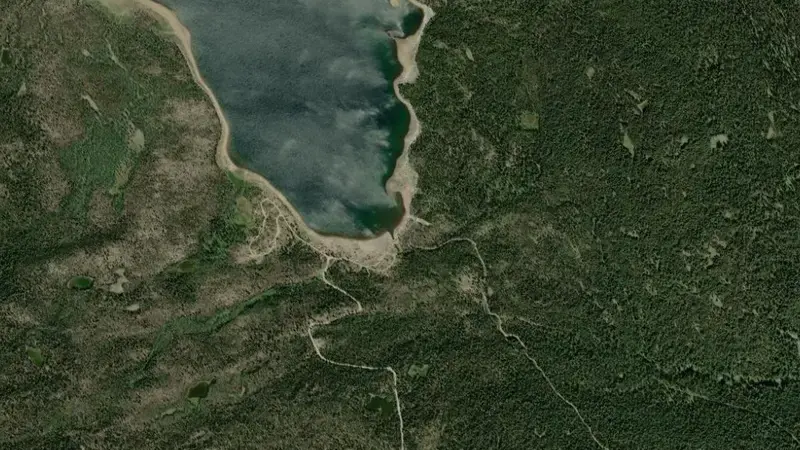 Satellite view of Fourmile Lake and Fourmile Lake Dam reservoir, Oregon, United States