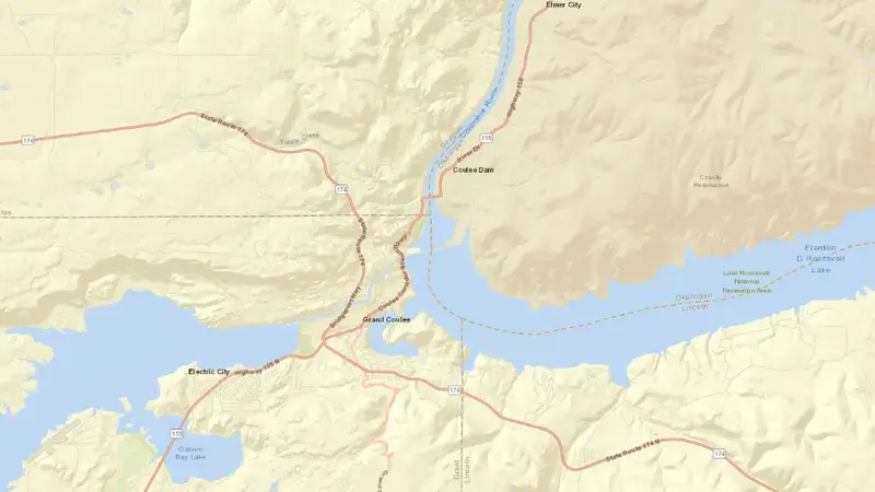 Road map of Franklin D. Roosevelt Lake, Grand Coulee reservoir, Washington, United States