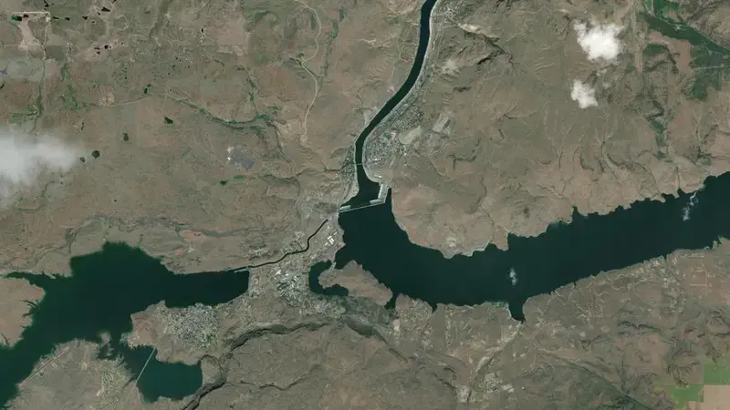 Satellite view of Franklin D. Roosevelt Lake, Grand Coulee reservoir, Washington, United States