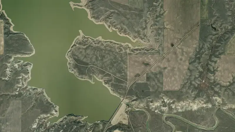 Satellite view of Fresno Reservoir and Dam reservoir, Montana, United States