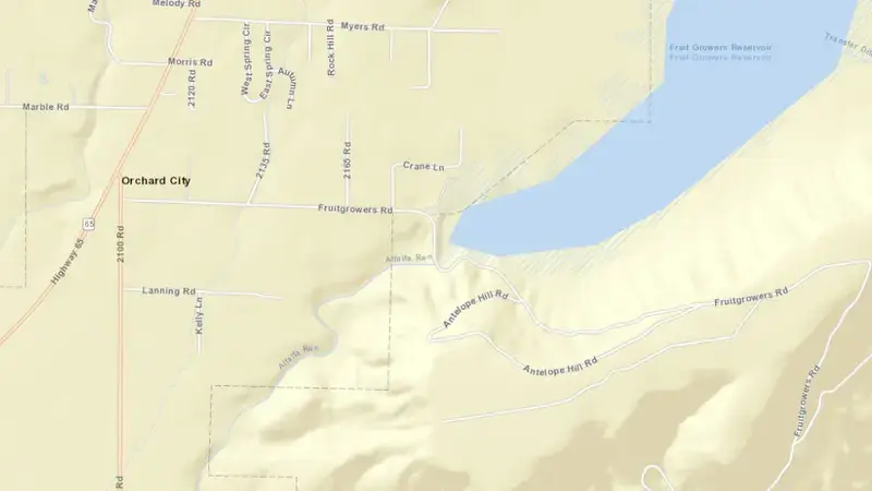 Road map of FRUIT GROWERS RESERVOIR NEAR ORCHARD CITY, CO reservoir, Colorado, United States
