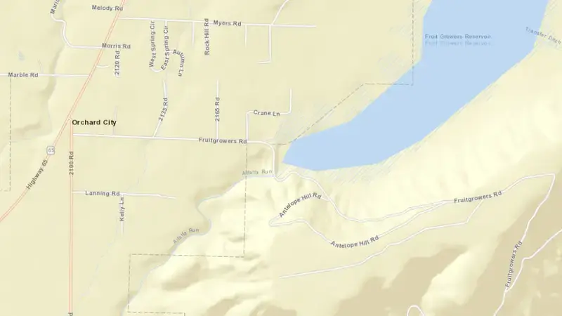 Road map of Fruitgrowers Reservoir and Dam reservoir, Colorado, United States