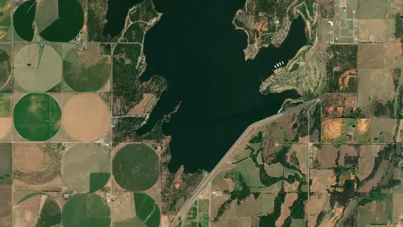 Satellite view of Ft. Cobb Lake reservoir, Oklahoma, United States