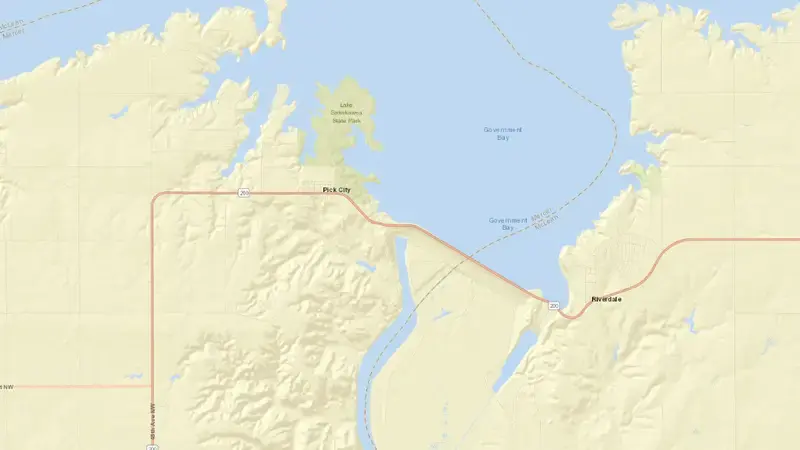 Road map of Garrison Dam & Reservoir reservoir, North Dakota, United States
