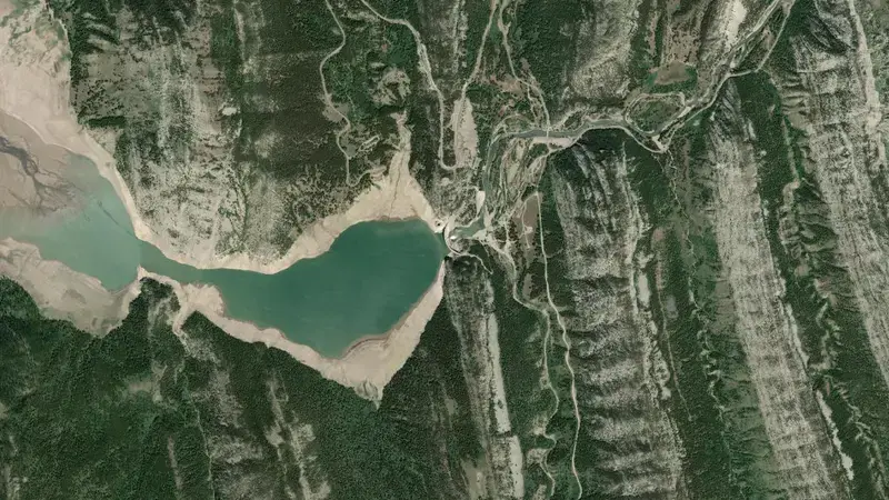 Satellite view of Gibson Reservoir and Dam reservoir, Montana, United States