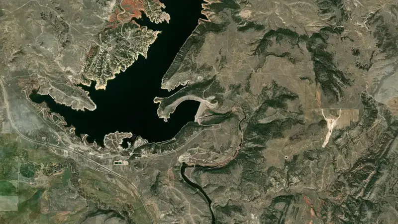 Satellite view of Glendo Dam & Reservoir reservoir, Wyoming, United States