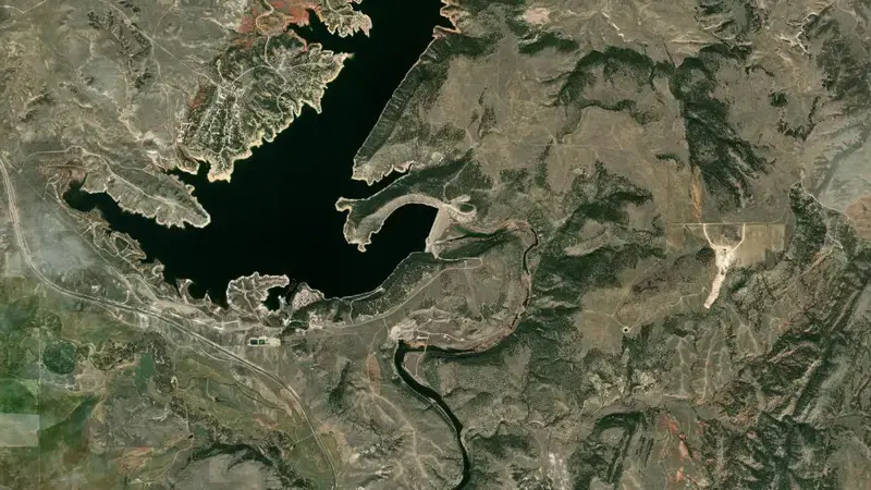 Satellite view of Glendo Reservoir Dam and Powerplant reservoir, Wyoming, United States
