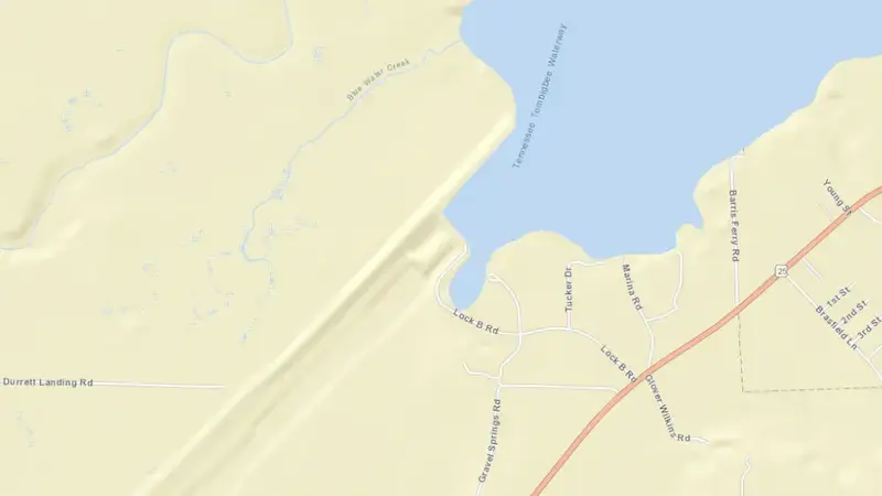 Road map of Glover Wilkins Lock and Dam reservoir, Mississippi, United States