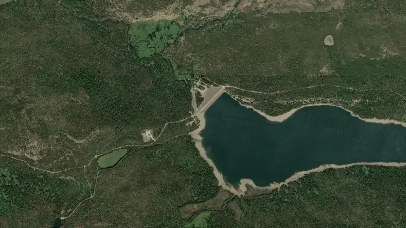 Satellite view of Grassy Lake and Grassy Lake Dam reservoir, Wyoming, United States