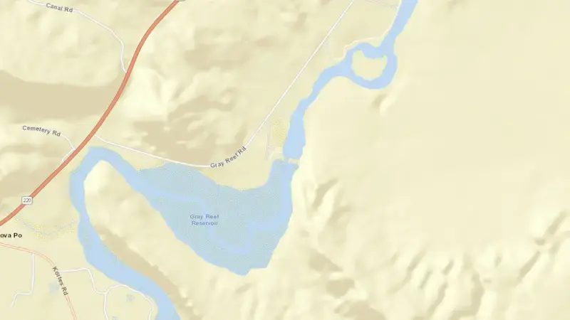 Road map of Gray Reef Dam & Reservoir reservoir, Wyoming, United States