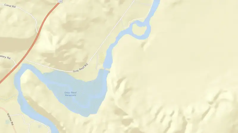 Road map of Gray Reef Reservoir and Dam reservoir, Wyoming, United States