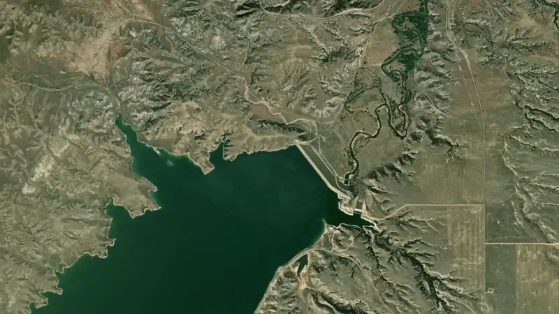 Satellite view of Grayrocks Dam and Reservoir reservoir, Wyoming, United States