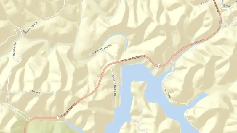 Road map of Grayson Lake reservoir, Kentucky, United States