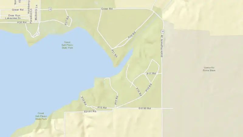 Road map of Great Salt Plains Lake reservoir, Oklahoma, United States