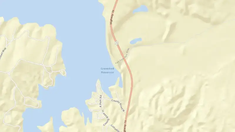 Road map of Greenbelt Lake reservoir, Texas, United States