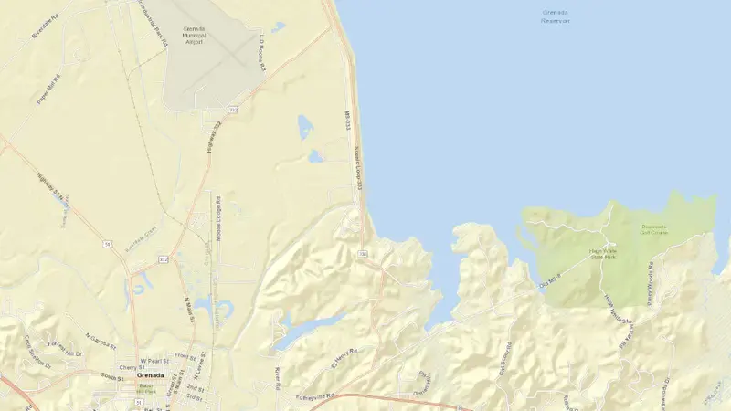 Road map of Grenada Lake reservoir, Mississippi, United States