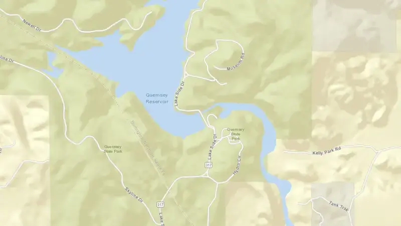 Road map of Guernsey Dam & Reservoir reservoir, Wyoming, United States