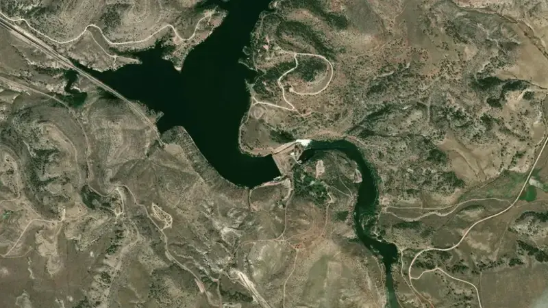 Satellite view of Guernsey Dam & Reservoir reservoir, Wyoming, United States