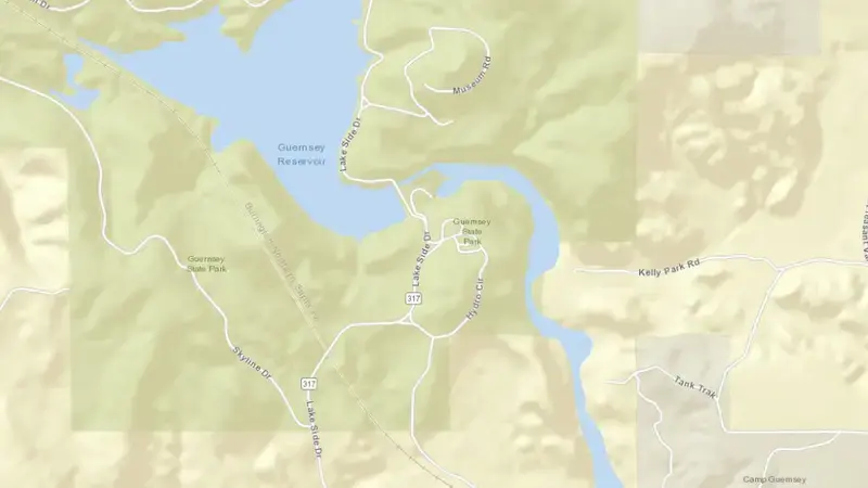 Road map of Guernsey Reservoir Dam and Powerplant reservoir, Wyoming, United States