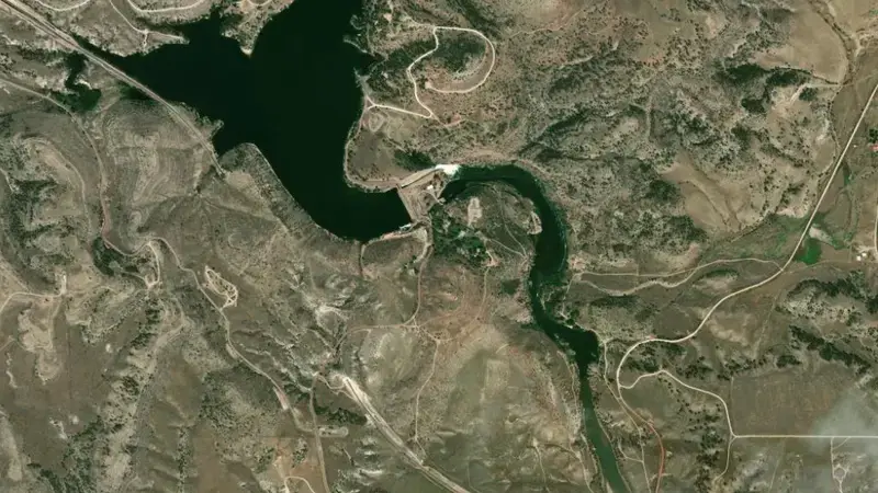 Satellite view of Guernsey Reservoir Dam and Powerplant reservoir, Wyoming, United States