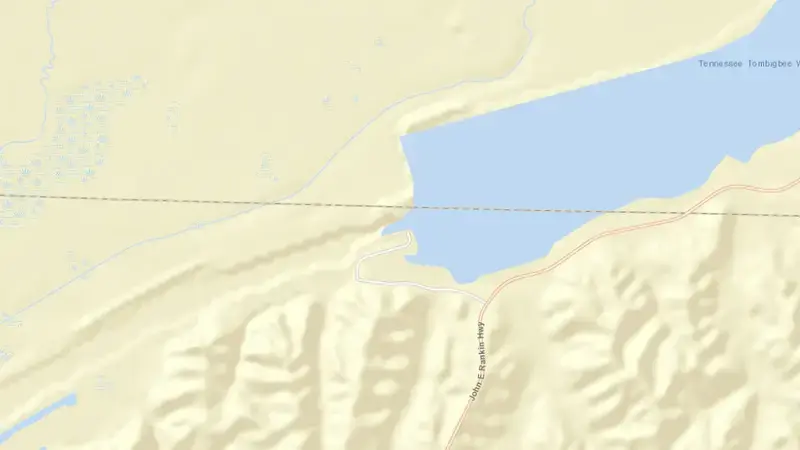 Road map of GV Montgomery Lock and Dam reservoir, Mississippi, United States