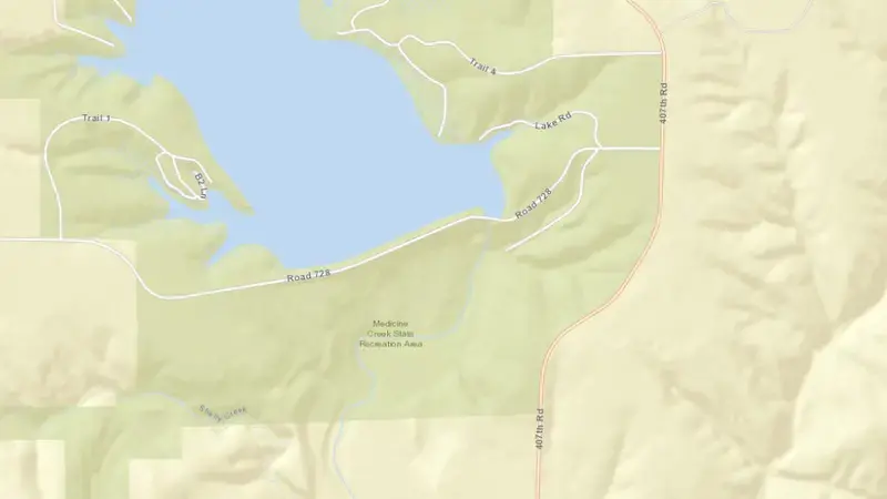 Road map of Harry Strunk Lake and Medicine Creek Dam reservoir, Nebraska, United States
