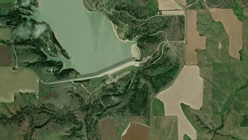 Satellite view of Harry Strunk Lake and Medicine Creek Dam reservoir, Nebraska, United States