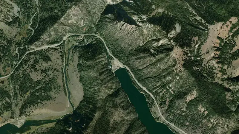 Satellite view of Hebgen Dam on Madison River, MT reservoir, Montana, United States