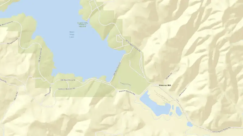 Road map of Henry Hagg Lake and Scoggins Dam reservoir, Oregon, United States