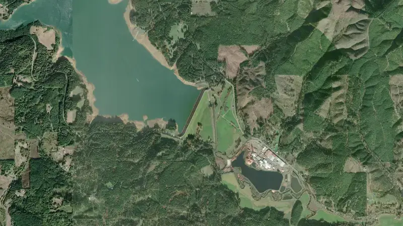 Satellite view of Henry Hagg Lake and Scoggins Dam reservoir, Oregon, United States
