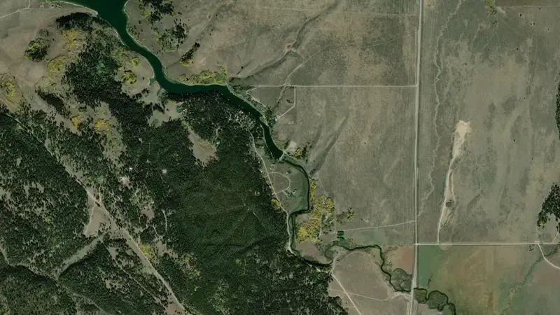 Satellite view of Henrys Lake and Henrys Lake Dam reservoir, Idaho, United States