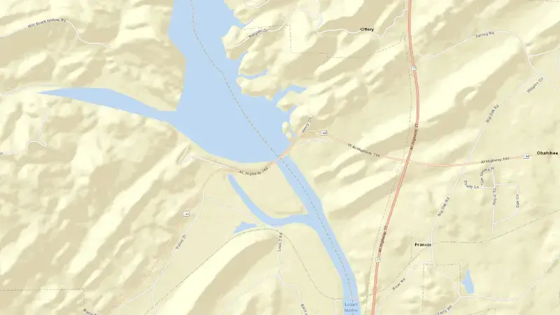 Road map of HNHenry (APC) reservoir, Alabama, United States
