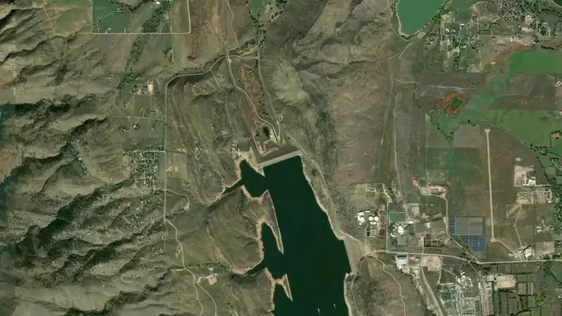 Satellite view of Horsetooth Reservoir and Dam reservoir, Colorado, United States