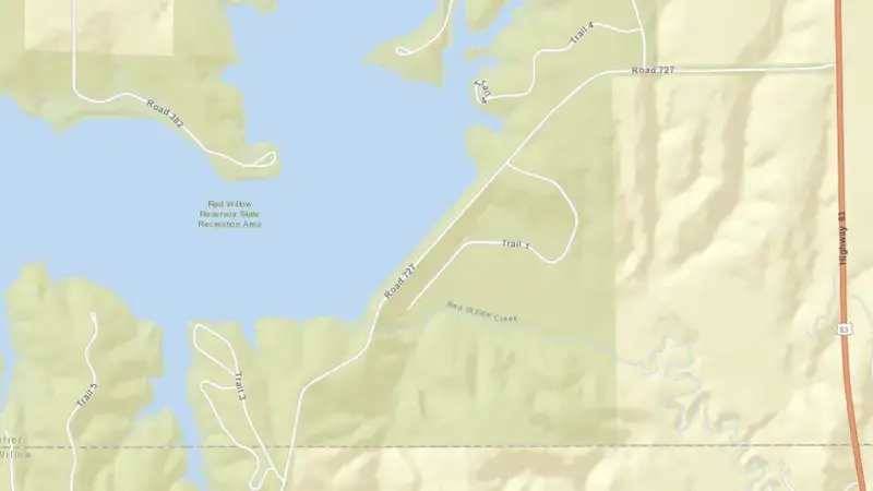 Road map of Hugh Butler Lake and Red Willow Dam reservoir, Nebraska, United States