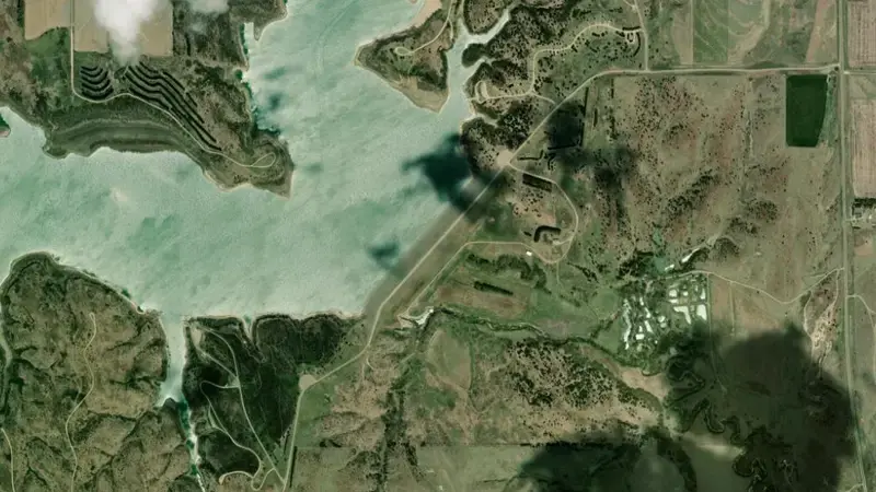 Satellite view of Hugh Butler Lake and Red Willow Dam reservoir, Nebraska, United States