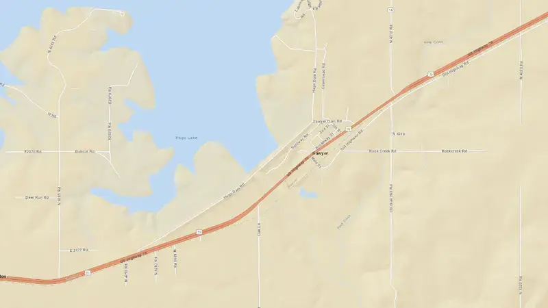 Road map of Hugo Lake reservoir, Oklahoma, United States