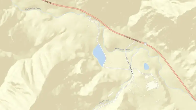 Road map of Huntington North Reservoir and Dam reservoir, Utah, United States