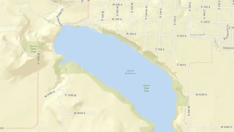 Road map of Hyrum Reservoir and Dam reservoir, Utah, United States