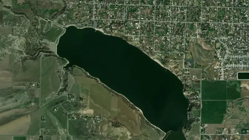 Satellite view of Hyrum Reservoir and Dam reservoir, Utah, United States