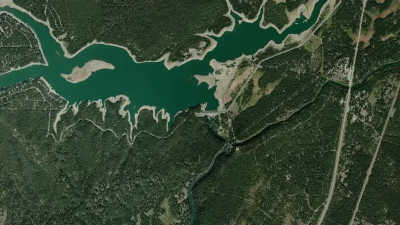 Satellite view of Island Park Reservoir and Dam reservoir, Idaho, United States