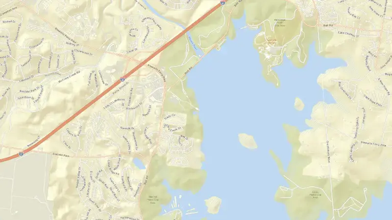 Road map of J Percy Priest Dam reservoir, Tennessee, United States